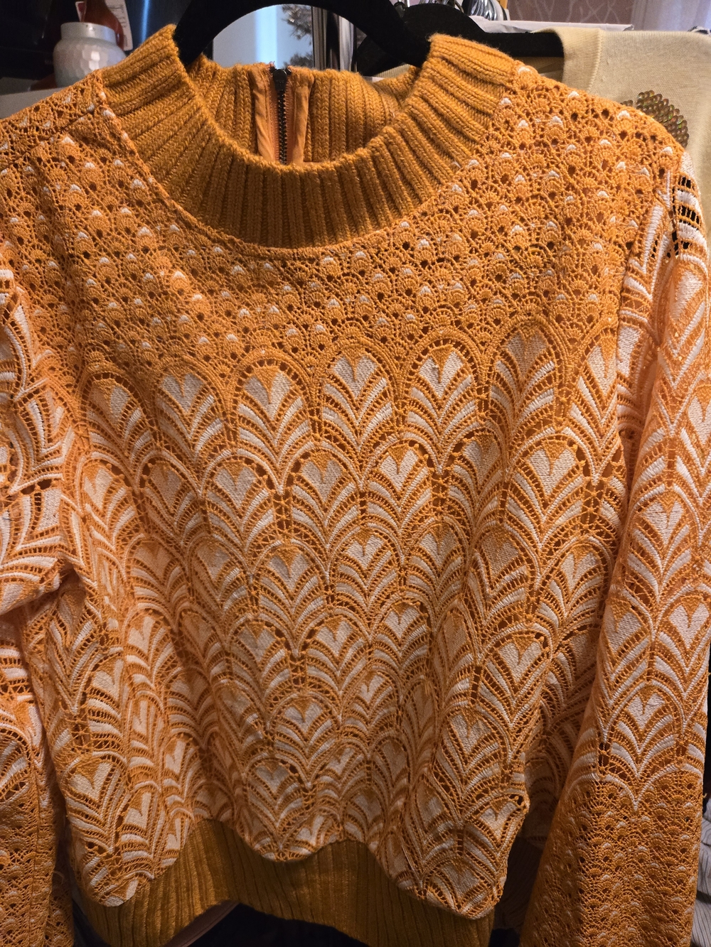 Express Orange and White Crochet-Style Cowl Sweater